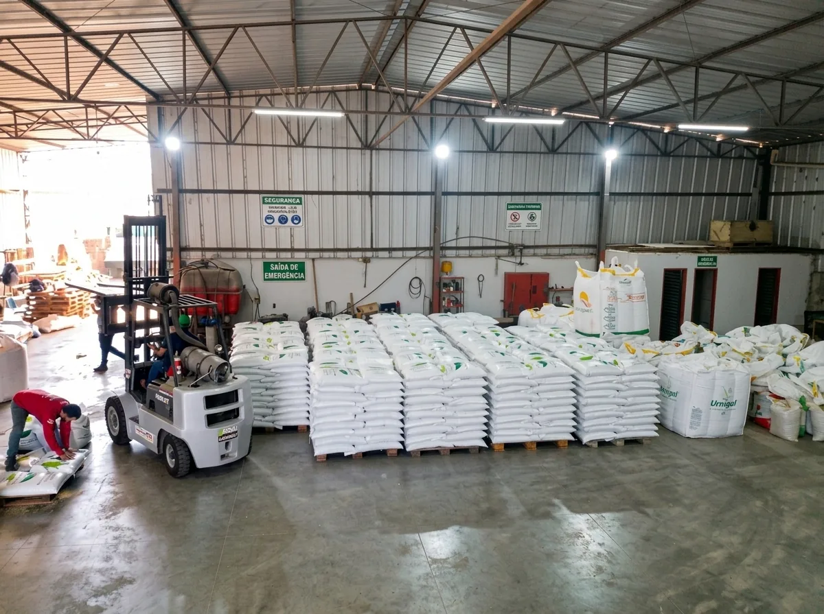 Galpão com empilhadeira movimentando pallets de sacarias