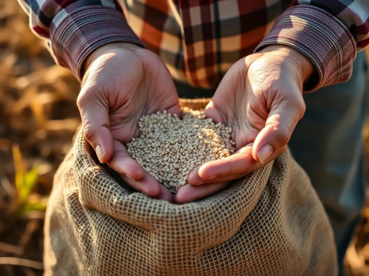 Mãos de produtor segurando sementes